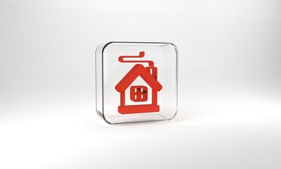 Red Merry Christmas house icon isolated on grey background. Home symbol. Glass square button. 3d illustration 3D render