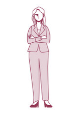 腕組みをする女性ビジネスマンのシンプルな線画のイラスト　8等身　白背景　モノクロ　