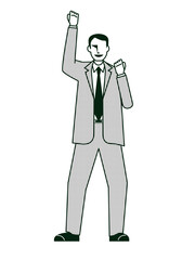 ガッツポーズをする男性ビジネスマンのイラスト　8等身　線画モノクロ