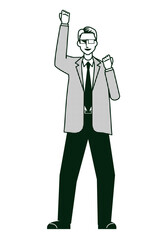 ガッツポーズをする男性ビジネスマンのイラスト　8等身　線画モノクロ