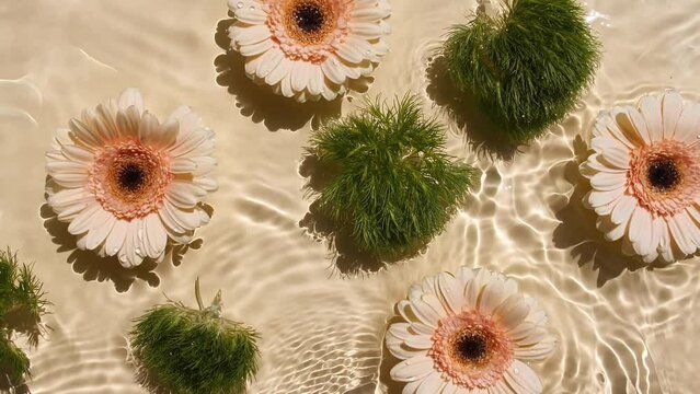 Sunflower flowers, gerbera petals flowers on water surface with drops. Water splash yellow colored. Pure water with reflections sunlight and shadows. Valentines day texture. High quality 4k footage
