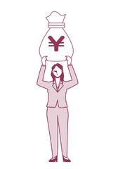 日本円の金袋を持つ女性ビジネスマンのイラスト8等身　金融イメージ　線画モノクロ
