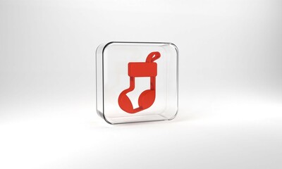 Red Christmas stocking icon isolated on grey background. Merry Christmas and Happy New Year. Glass square button. 3d illustration 3D render