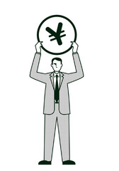 日本円のコインを持つ男性ビジネスマンのイラスト8等身　線画モノクロ　金融イメージ