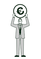 ユーロのコインを持つ男性ビジネスマンのイラスト8等身　線画モノクロ　金融イメージ