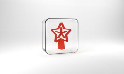 Obraz premium Red Christmas star icon isolated on grey background. Merry Christmas and Happy New Year. Glass square button. 3d illustration 3D render