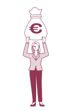 ユーロの金袋を持つ女性ビジネスマンのイラスト8等身　金融イメージ　線画モノクロ