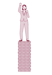 コインに乗る女性ビジネスマンのイラスト8等身ガッツポーズ　線画モノクロ　金融イメージ
