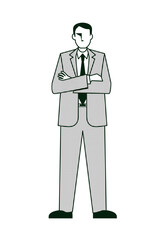 腕組みをする男性ビジネスマンのシンプルな線画のイラスト　8等身　白背景　モノクロ　
