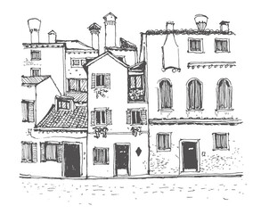Travel sketch of houses in Venice. Liner sketches architecture of Italy Venice. Graphic illustration. Sketch in black color on white background. Hand drawn travel postcard. Freehand drawing.