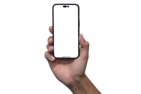 Hand holding the black smartphone iphone with blank screen and modern frameless design, hold Mobile phone on transparent background Ideal for marketing, app design : Bangkok, Thailand - MAR 14, 2022	
