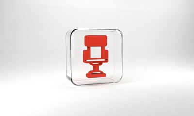 Red Office chair icon isolated on grey background. Glass square button. 3d illustration 3D render