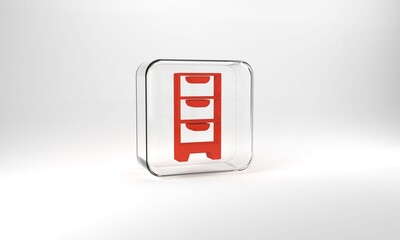 Red Chest of drawers icon isolated on grey background. Glass square button. 3d illustration 3D render