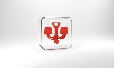 Red Chandelier icon isolated on grey background. Glass square button. 3d illustration 3D render