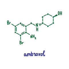 Ambroxol hand drawn vector formula chemical structure lettering blue green