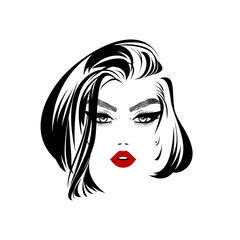Beauty logo, beautiful woman face, sexy red lips, eyelash extensions, fashion woman, short hairstyle, date makeup, hair salon sign, icon. Wallpaper background. Vector illustration.
