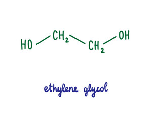 Ethylene glycol hand drawn vector formula chemical structure lettering blue green