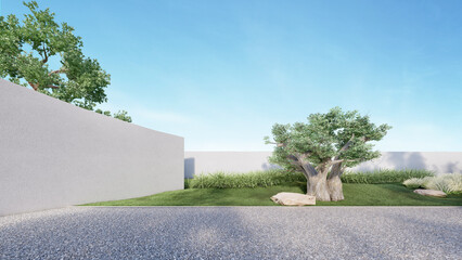 beautiful garden in front of the wall Next to the garden is a gravel road. daytime atmosphere. 3D illustration
