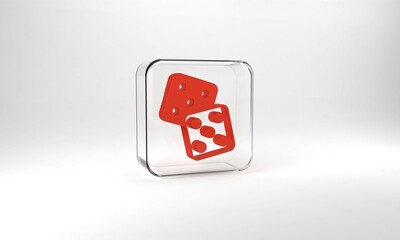 Red Game dice icon isolated on grey background. Casino gambling. Glass square button. 3d illustration 3D render