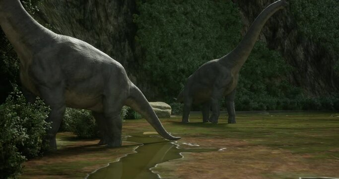 Groups of brachiosaurs, triceratops and a flock of pterosaurs moving through a canyon 3D rendering.
