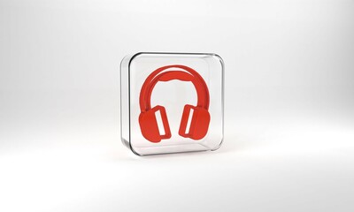 Red Headphones icon isolated on grey background. Earphones. Concept for listening to music, service, communication and operator. Glass square button. 3d illustration 3D render