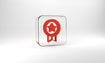 Red Game rating with medal icon isolated on grey background. Level results for game. Glass square button. 3d illustration 3D render
