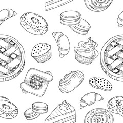 Hand drawn pastry tile of seamless pattern. Flat tasty background. Suits for cafe or cafeteria.