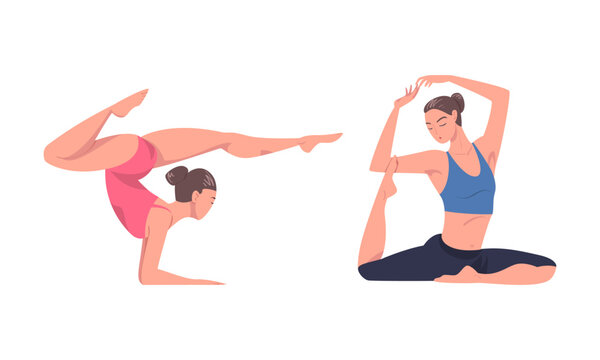 Beautiful women doing yoga. Girls practicing asanas at yoga class. Physical and spiritual practice cartoon vector illustration