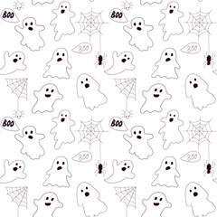 Seamless pattern with cute ghosts for Halloween. Hand drawn vector illustration.