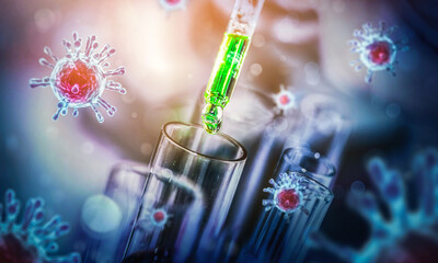 Scientist in biohazard protection clothing analyzing covid 19 sample with microscope and holding coronavirus covid 19 blood sample tube on hand in laboratory, coronavirus covid 19 vaccine research.