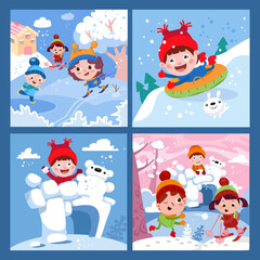 Set of winter scenes. Cute kids playing snowballs near the snow fort, skiing, skating, tubing. Playground for children. Cartoon characters, vector illustration.