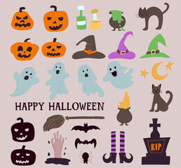 Set of elements for Halloween with pumpkins and cute ghosts. For greeting cards, party invitations, tags, stickers. Vector hand drawn.