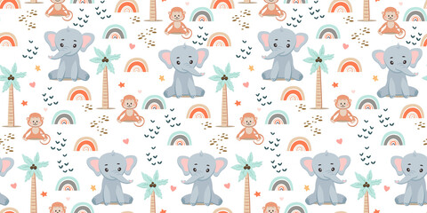 Seamless patterns with cute elephants and monkeys. Pattern with animals of Africa. Children's jewelry and textiles. 
