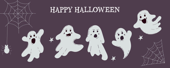 Set of elements for Halloween holiday with cute ghosts. For greeting cards, party invitations, tags, stickers. Vector hand drawn.