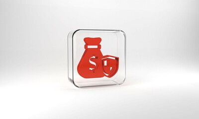 Red Money bag with shield icon isolated on grey background. Insurance concept. Security, safety, protection, protect concept. Glass square button. 3d illustration 3D render