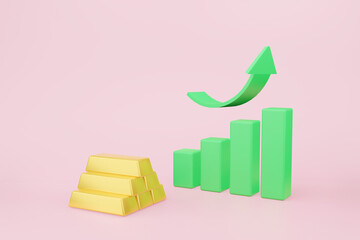gold chart Bullish up trend green arrow pink background. Realistic 3D illustration investment financial concept business