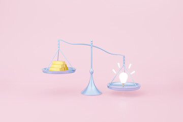 Idea appreciation against gold in balance scale pink background. Realistic 3D illustration investment financial concept business