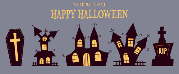 Set of elements for Halloween holiday with gloomy castles. For greeting cards , party invitations, tags, stickers. Vector hand drawn.