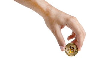 A man's hand holds a gold bitcoin, isolated on a white background