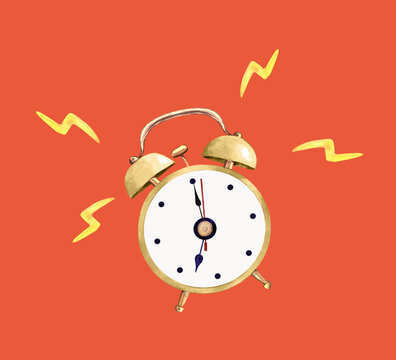 Bright vintage alarm clock isolated on a bright orange background.