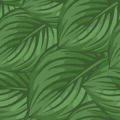 Vector seamless pattern with many large tropical leaves. Background element. Fashion textile print. Decorative composition. Top view. Hand-drawn element for advertising layout design, wrapping paper.