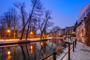 Mill Island at night. Bydgoszcz, Kuyavian-Pomeranian Voivodeship, Poland.