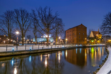 Mill Island at night. Bydgoszcz, Kuyavian-Pomeranian Voivodeship, Poland.