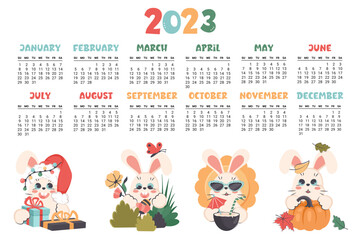 Calendar 2023. Horizontal planner with cute bunny in different seasons. Cartoon character rabbit as symbol of new year. Week starts on Sunday. Vector flat illustration	