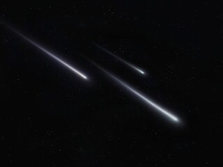 Three meteors in the night sky with stars. Fall of meteorites. Meteor trails. Shooting stars. © Nazarii