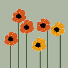 Abstract vector illustration of poppy flowers in red and yellow on a green background