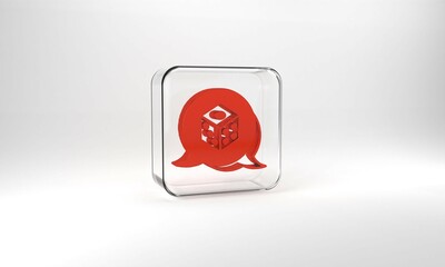 Red Game dice icon isolated on grey background. Casino gambling. Glass square button. 3d illustration 3D render