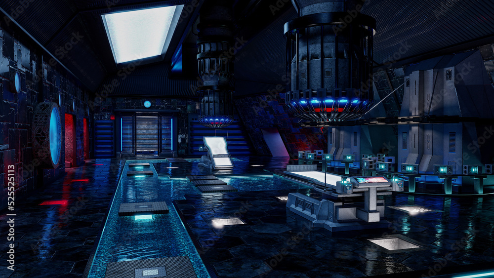 Poster dark atmospheric futuristic science fiction alien technology lab room in a space ship or station. 3d
