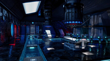 Dark atmospheric futuristic science fiction alien technology lab room in a space ship or station. 3D rendering. © IG Digital Arts