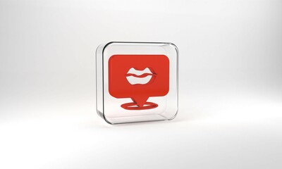 Red Smiling lips icon isolated on grey background. Smile symbol. Glass square button. 3d illustration 3D render